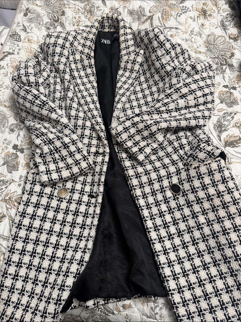 Zara Black and White Tweed Blazer Coat